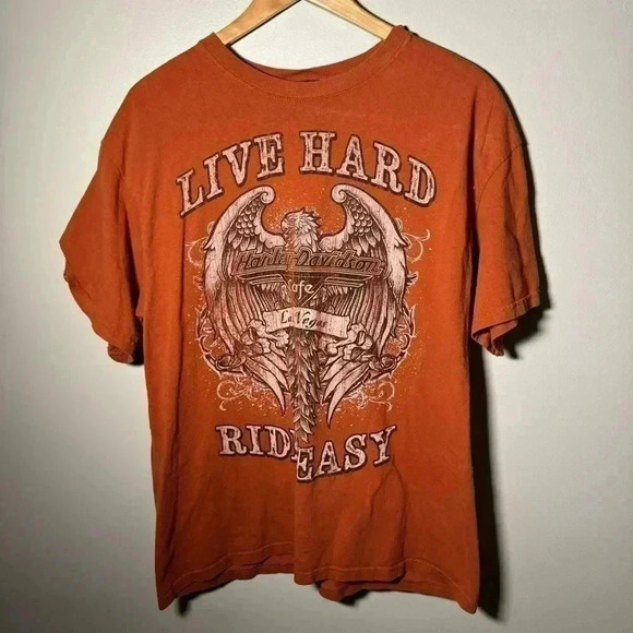 Harley-Davidson Cafe Live Hard Ride Easy Mens Graphic T-Shirt Orange Cotton XL - Picture 2 of 8